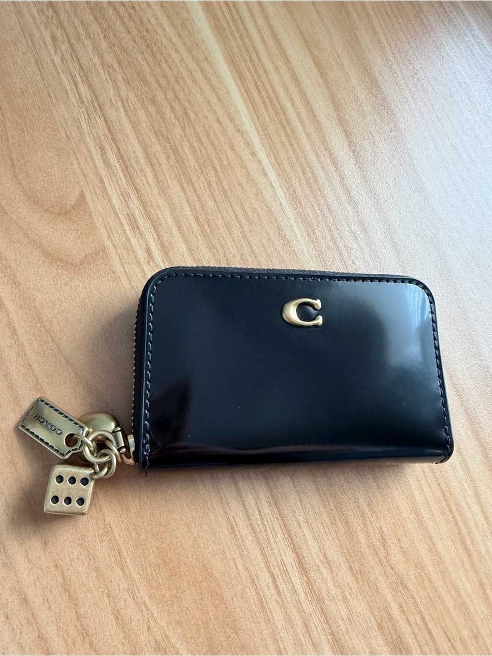 Coach Essential Zip Card Case - Black Patent Leather with charms